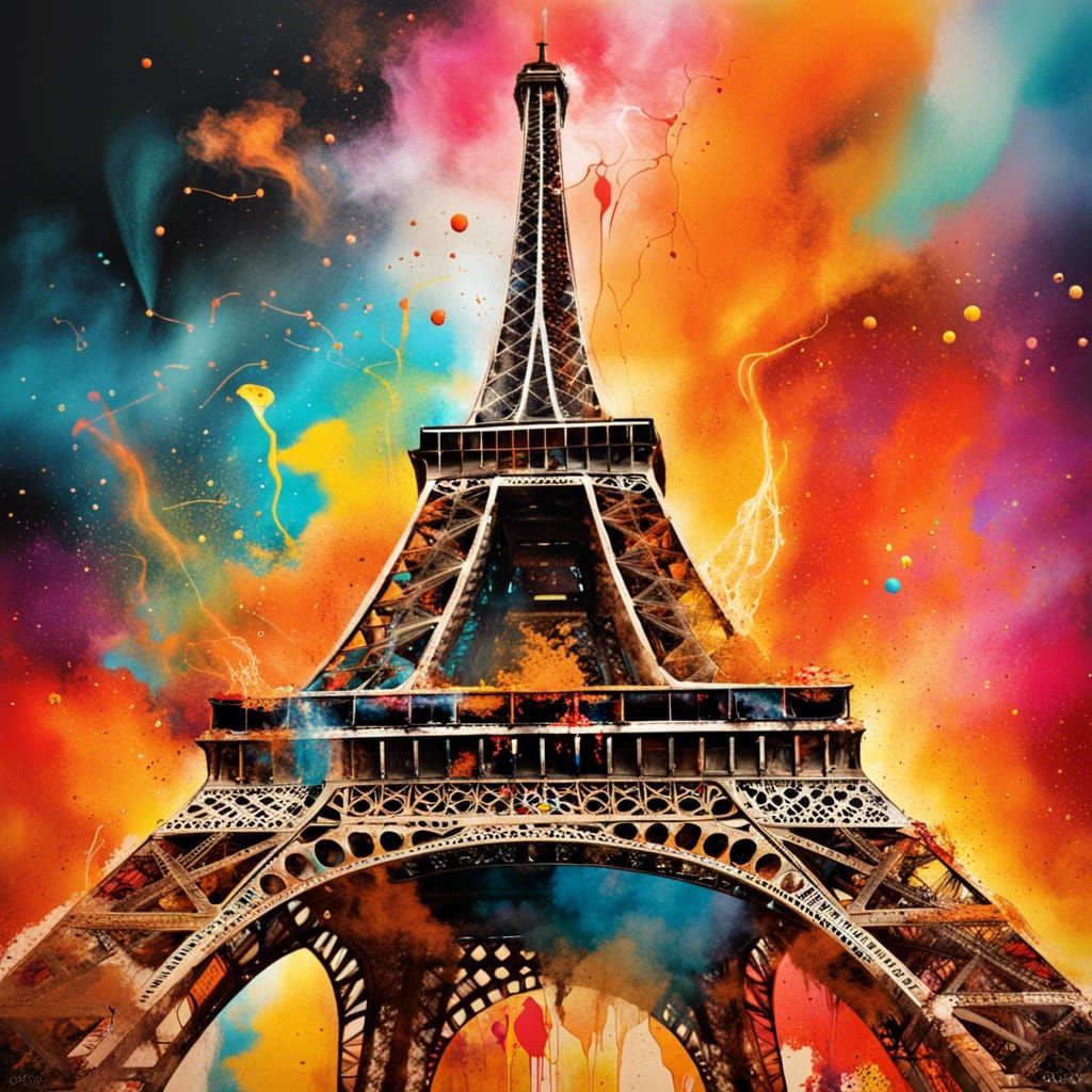 Eiffel Tower on Fire: Graffiti Art in 8K