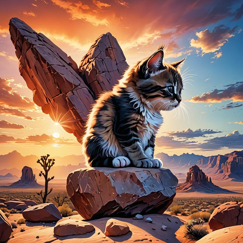 Grumpy Kitten at Desert Sunset: Endless Landscape