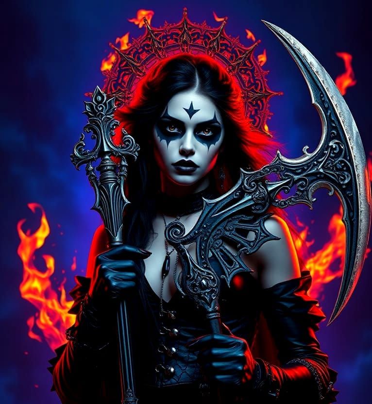 Winged Goth with Scythe in Fiery Halo