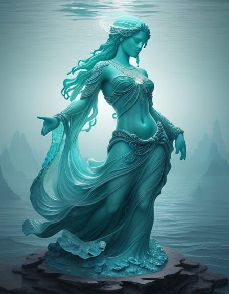 Turquoise Statue Merging with Stone Waves, Holding Crystal D...