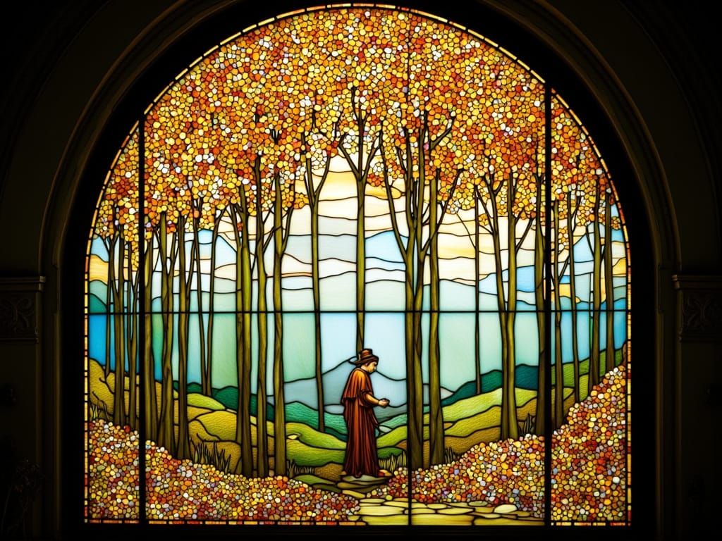 Tiffany Style Autumn Window With God Creating Man