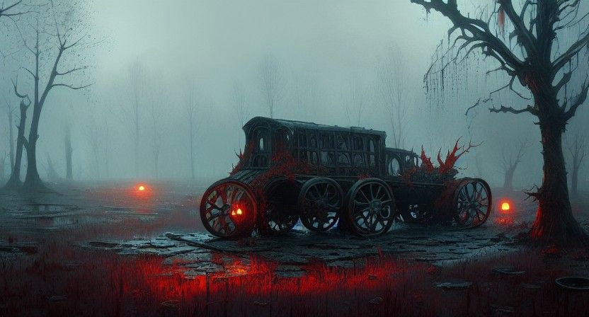 Autumnal Vampire Carriage in Melting Swamp, Hyperdetailed