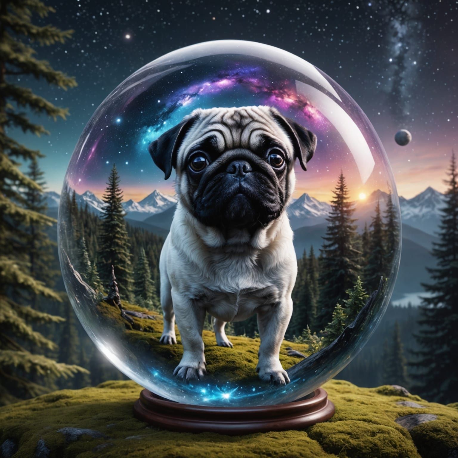 Galaxy in Glass Orb with Pug, Fantasy Art