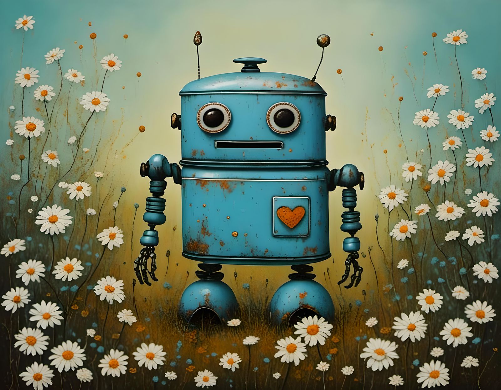 Cute Blue Robot in Love with Kettle, Rococo Horrorcore