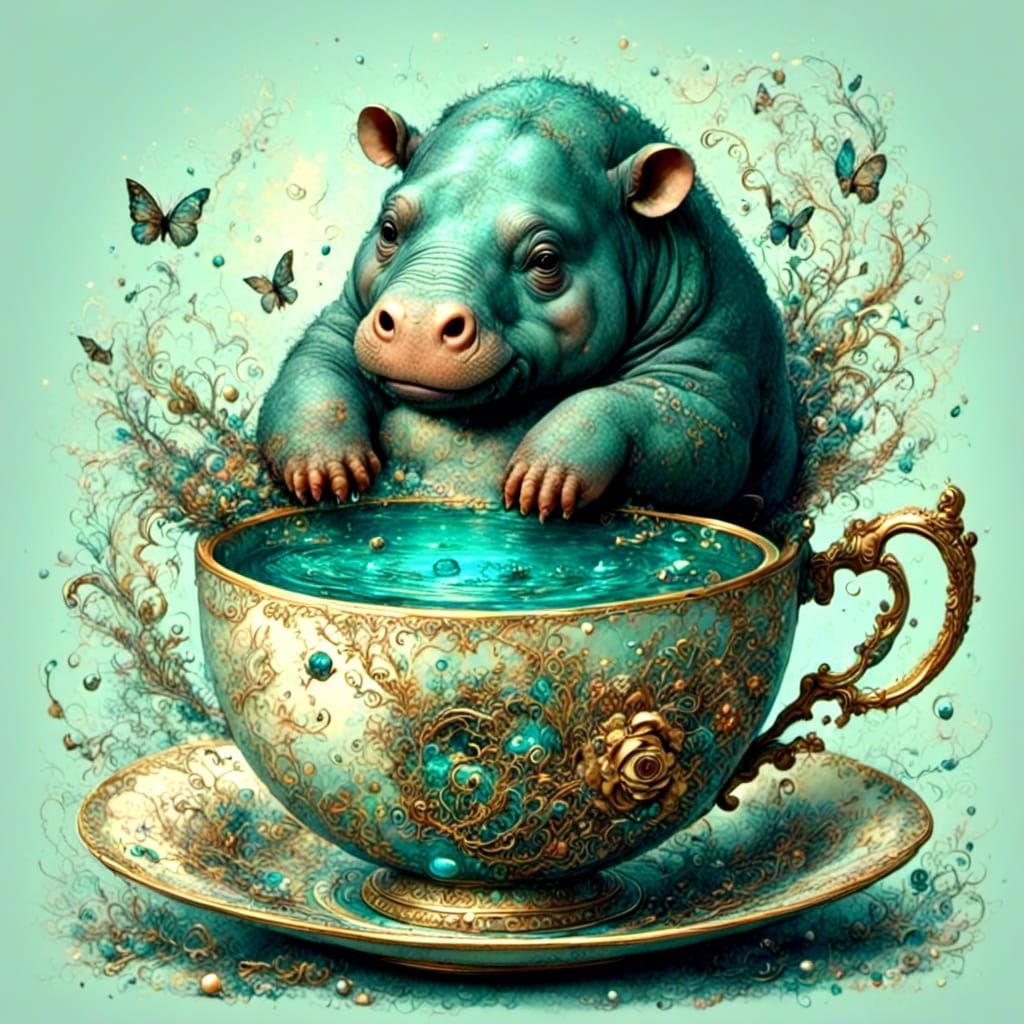 Hippopotamus trying to get into teacup