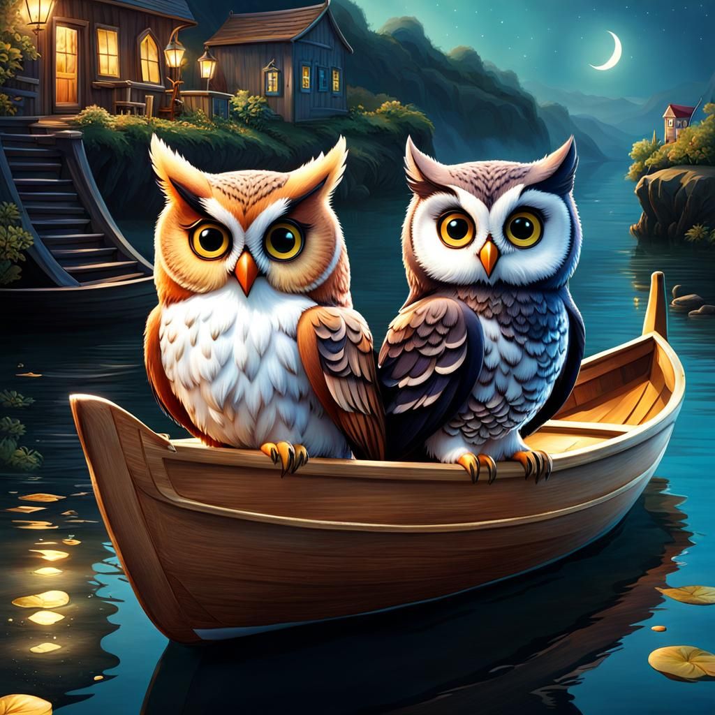 Owls in a boat