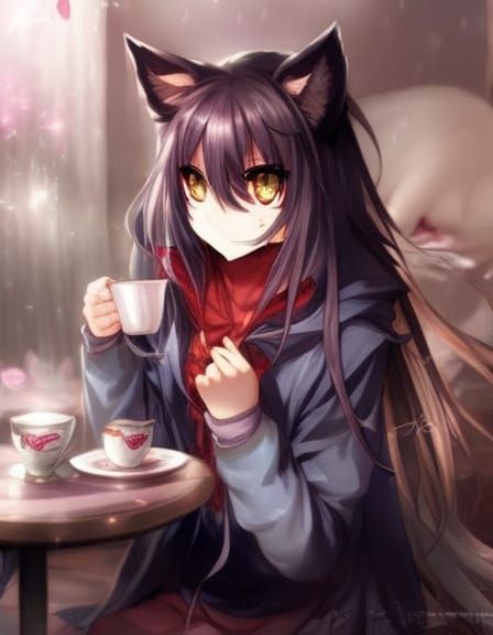 Playful Cat Girl on Romantic Date, Anime Concept Art