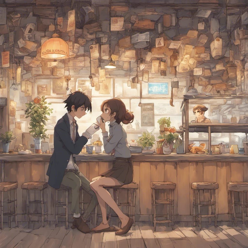 Crypto Payment Conversation in Cafe, Studio Ghibli Style
