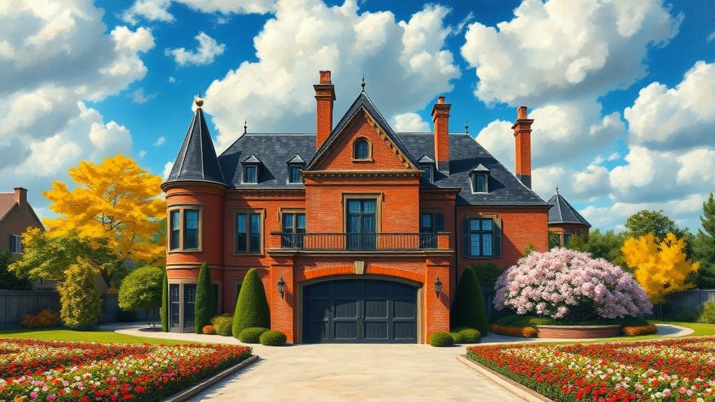 Grand Brick Chateau with Vibrant Garden and Painterly Sky