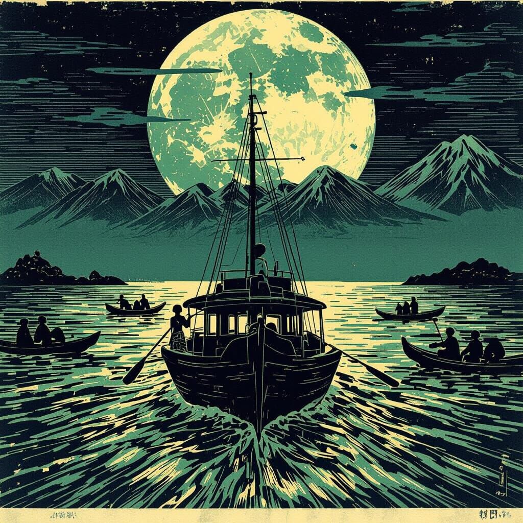 Woman on Ferry at Night, Japanese Woodblock Style