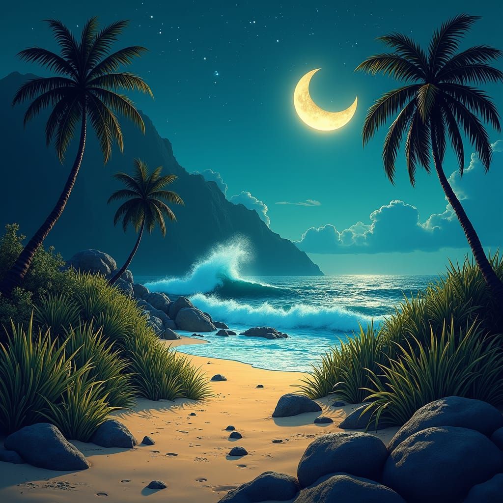 Surreal Tropical Beachscape at Dusk in Dreamlike Style