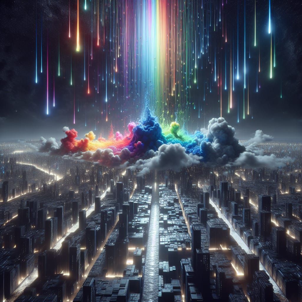 Rainbow Raindrops on Black and White Cityscape