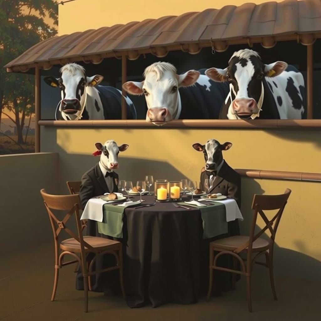 Sophisticated Cows Savoring Steak Dinner