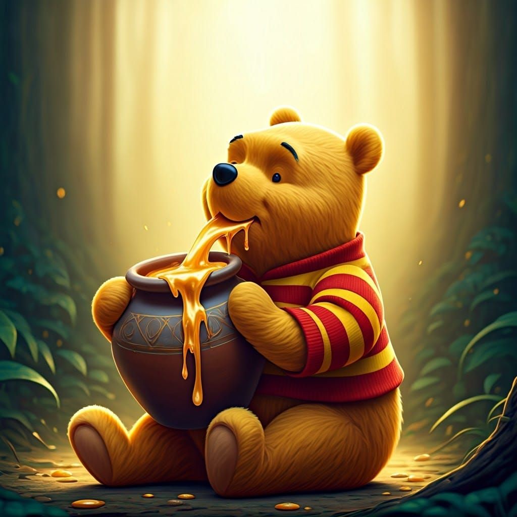 Pooh Bear Devouring Honey, Pixar-Style 3D Rendering