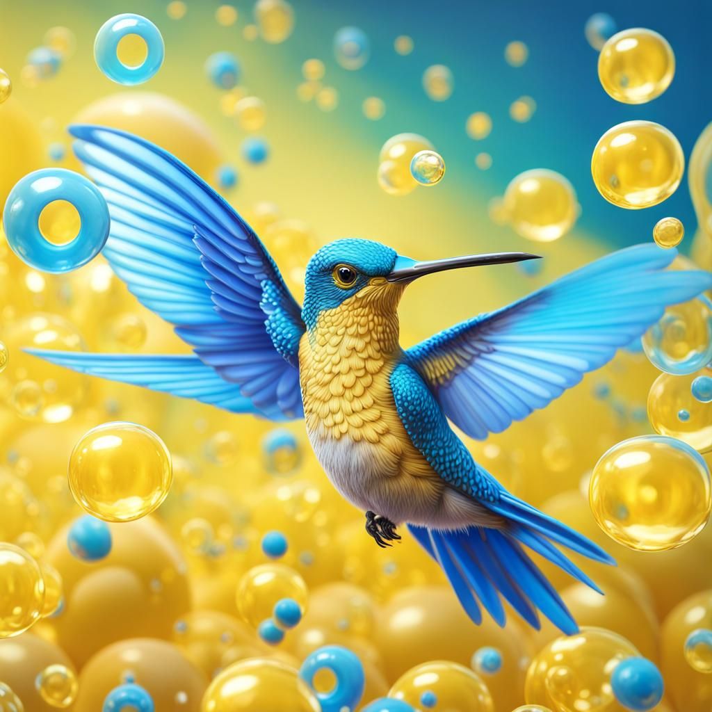 Blue Hummingbird in Candyland: Hyperrealistic Digital Illust...
