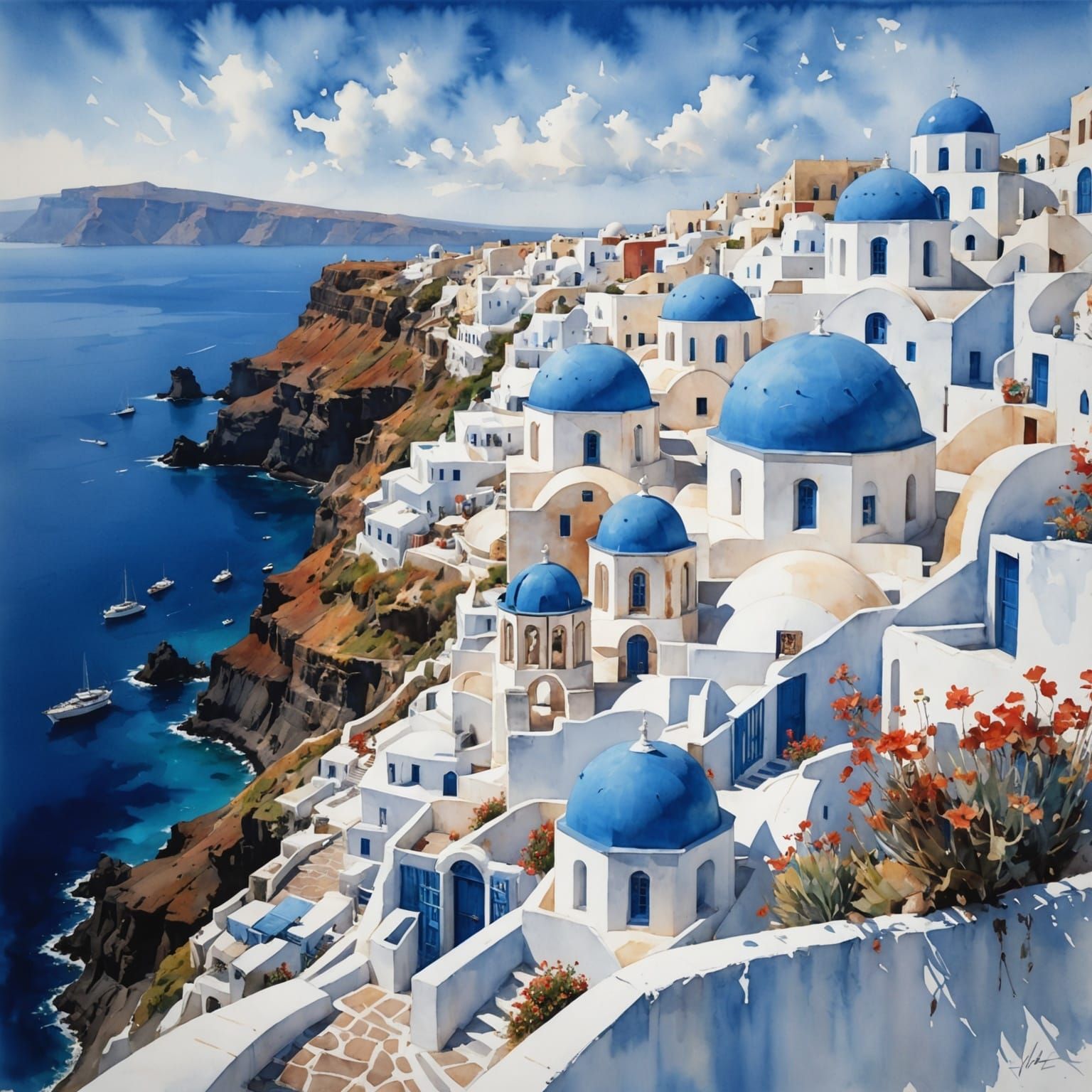 Santorini Watercolour Art: Whitewashed Domes and Aegean Sea
