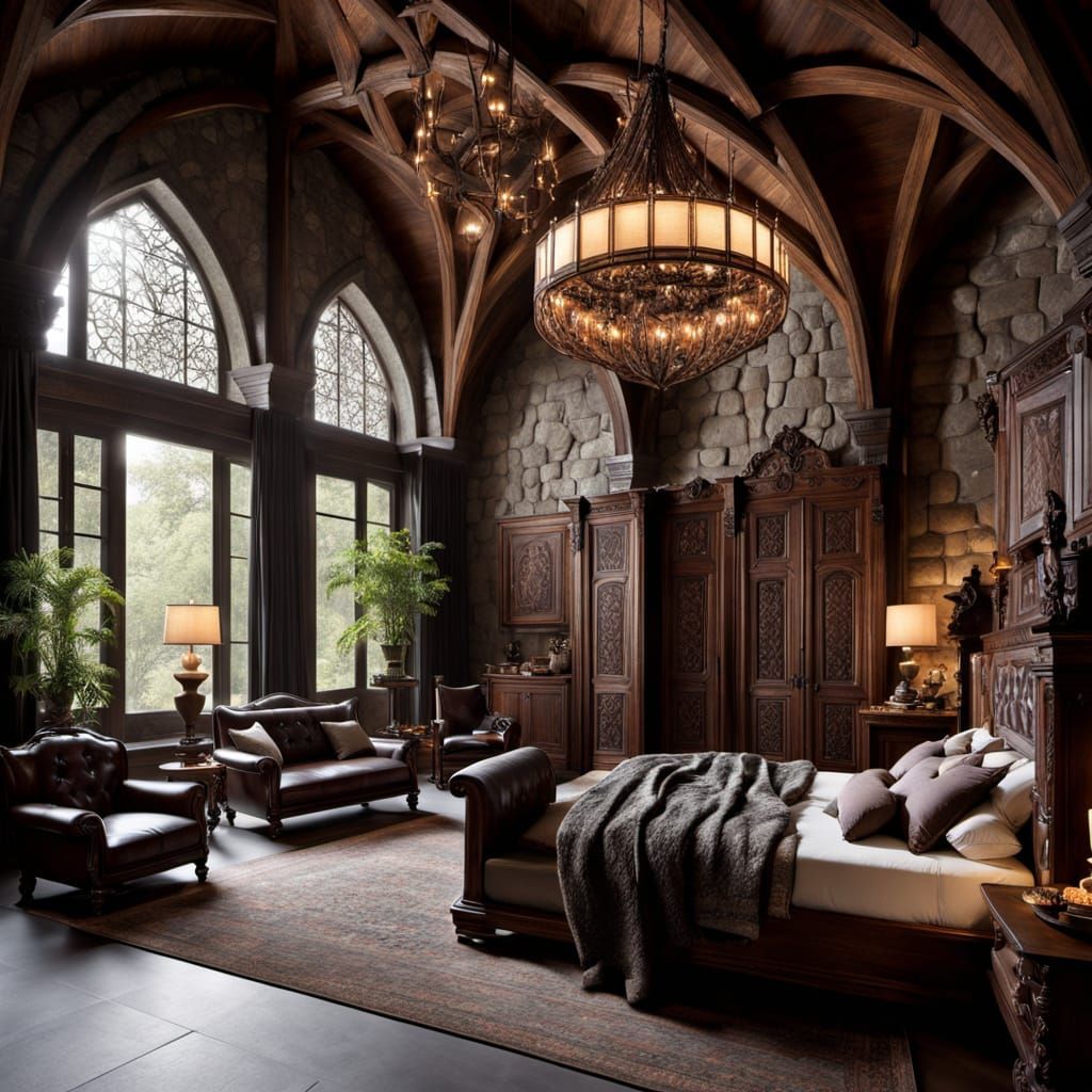Gothic Oak Wood Wardrobe in a Spacious Medieval Bedroom