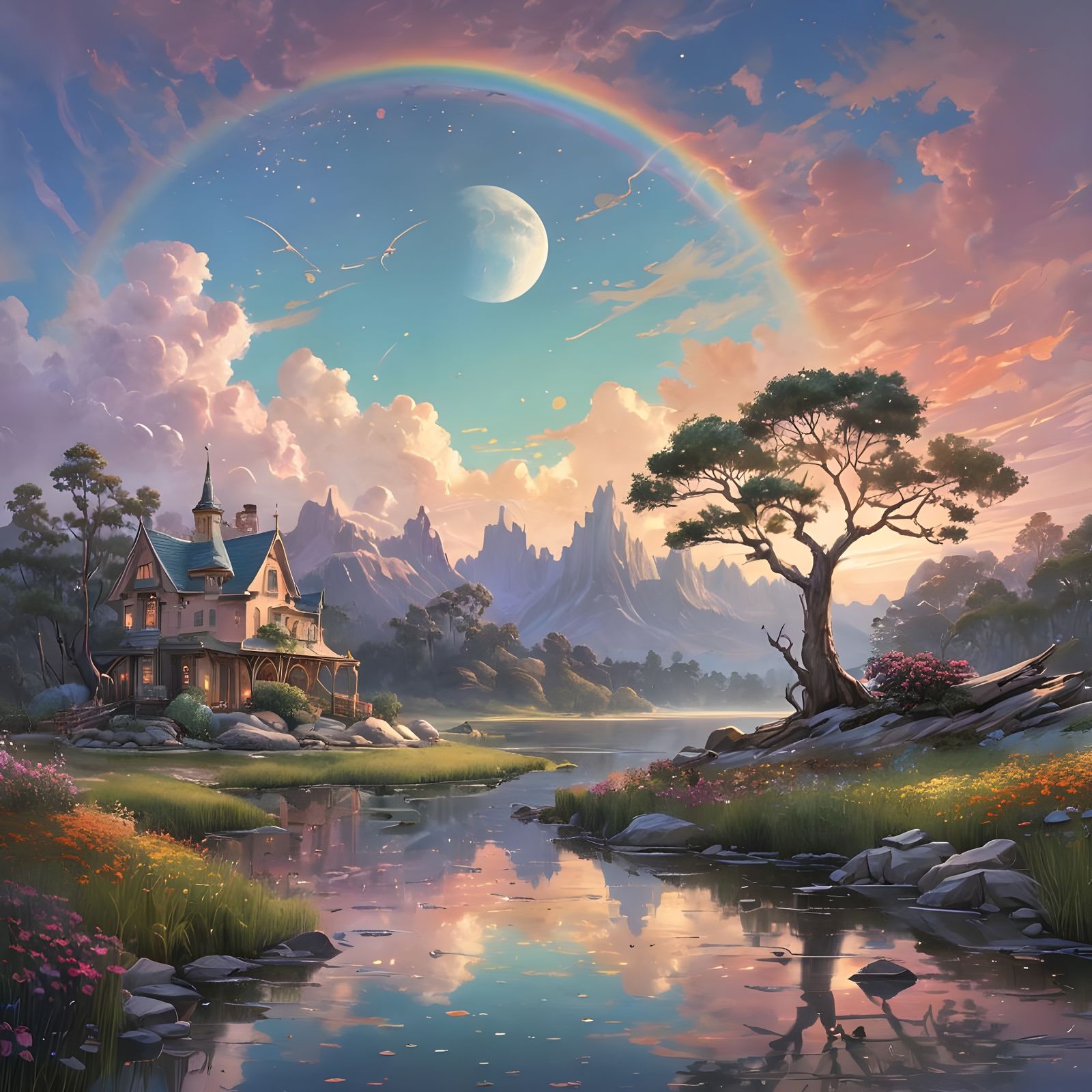 Surreal Fantasy Realm Under Ethereal Moonlight