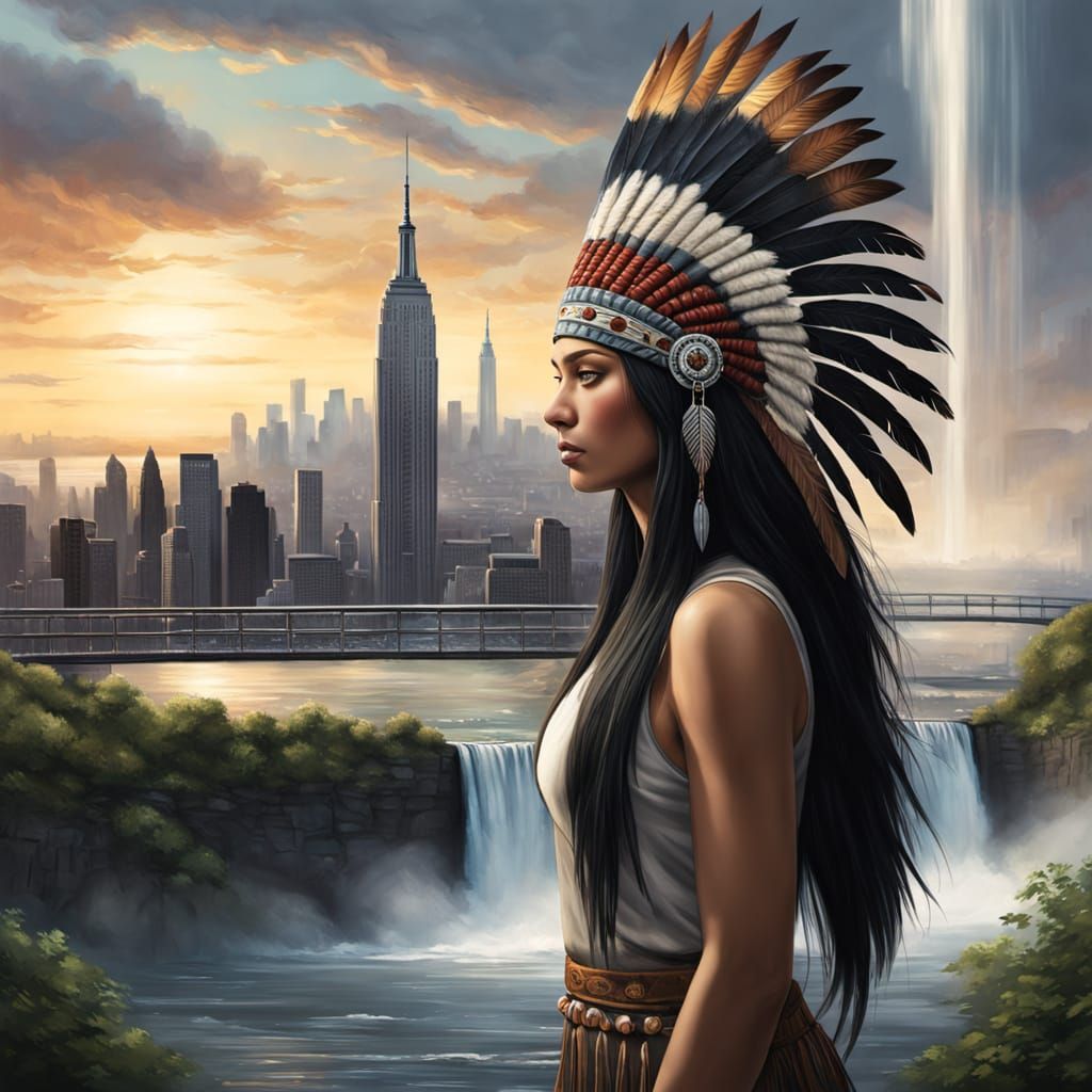 Woman in Native American Headdress with Cityscape