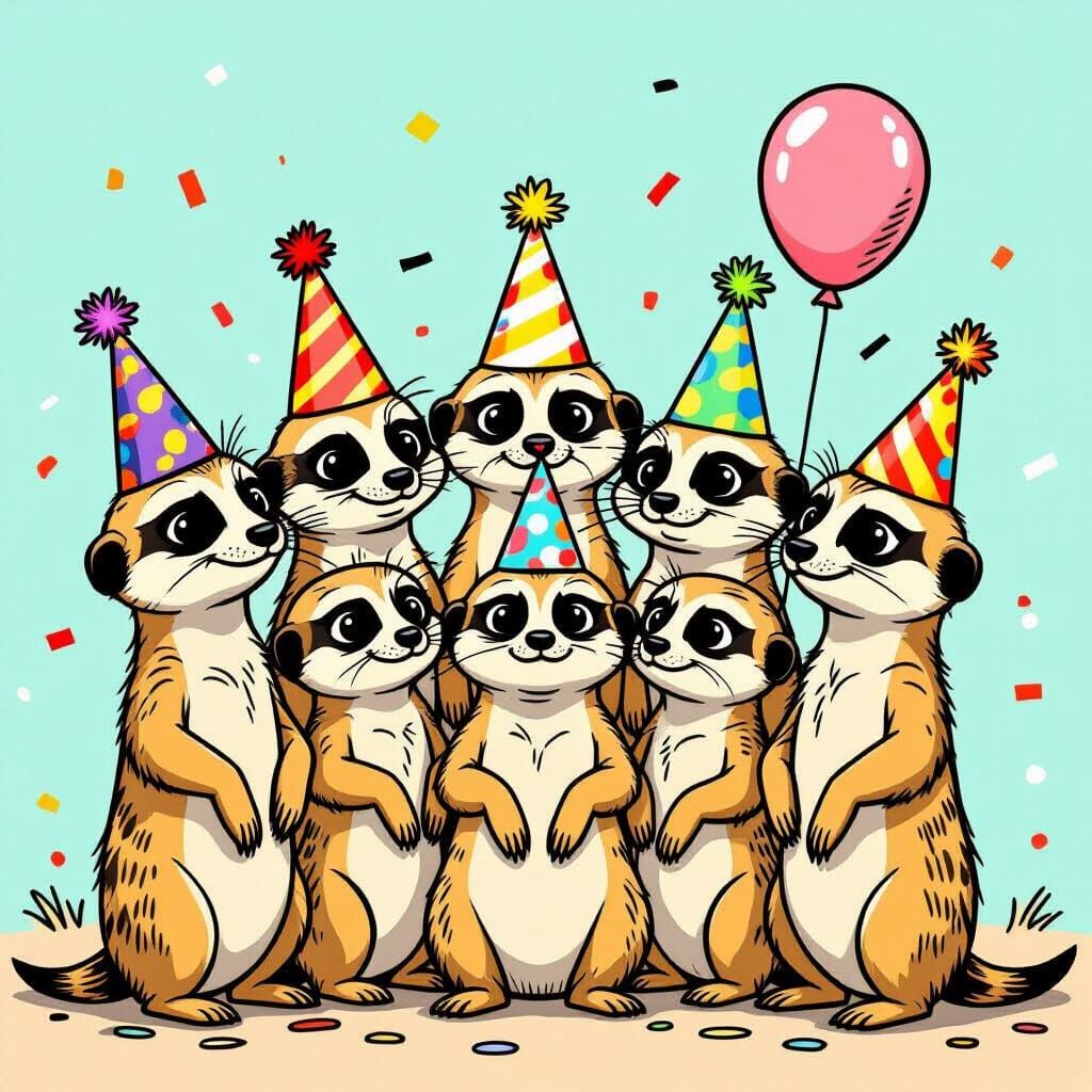 Meerkats in Party Hats With Deflated Balloons