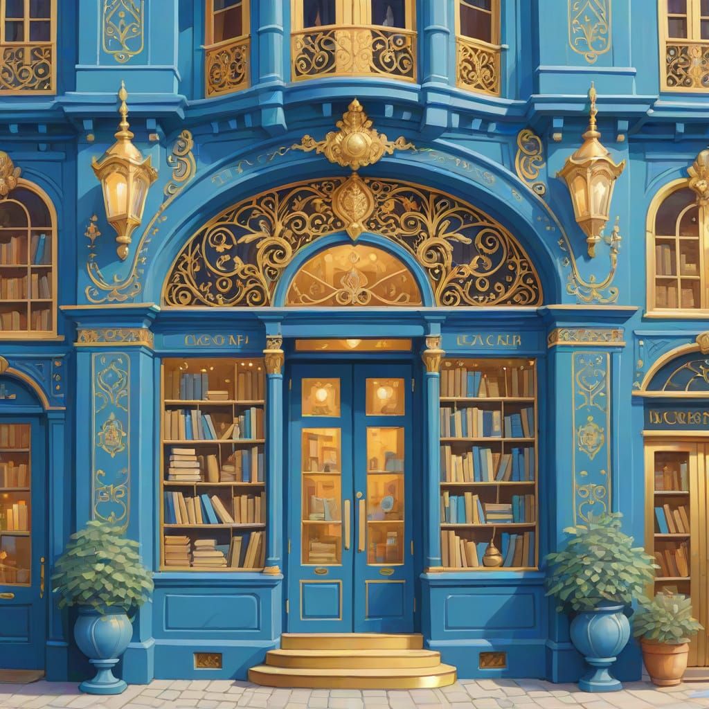 Cozy Blue Bookshop Facade in Klimt Style