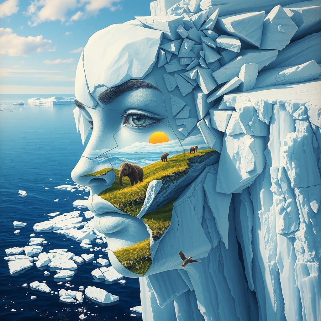 Surreal Ice Woman Painting with Prehistoric Scenes