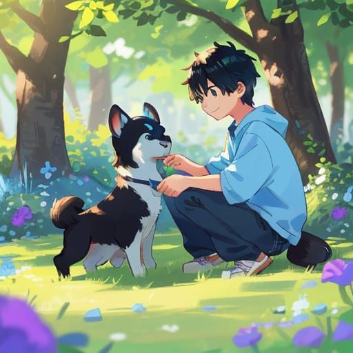 Joyful Boy Plays with His Dog in a Lush Park