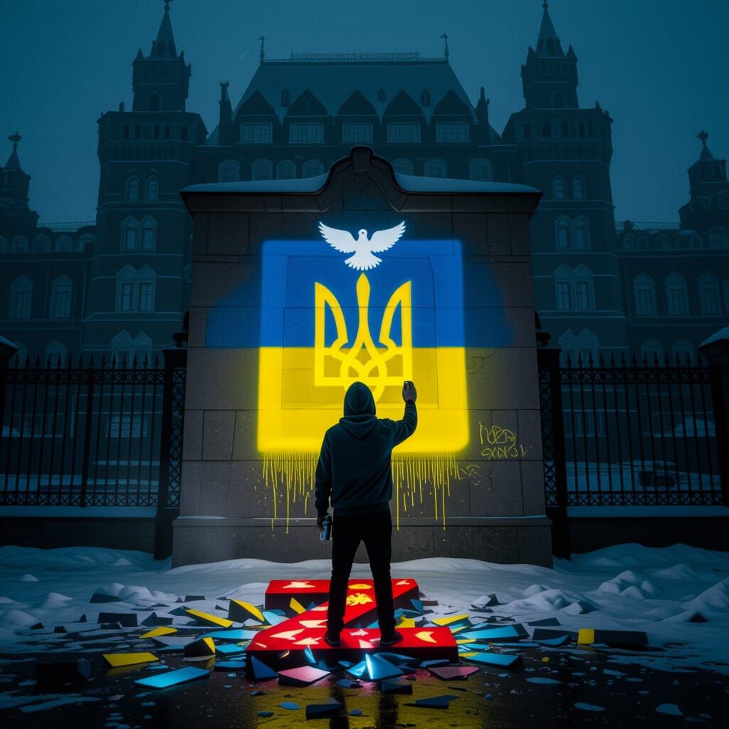 Young Man Paints Ukrainian Symbol on Dark Palace
