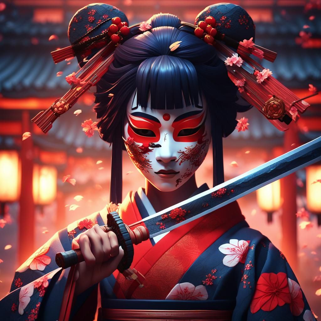 Anime Samurai Woman with Katana in 3D Art