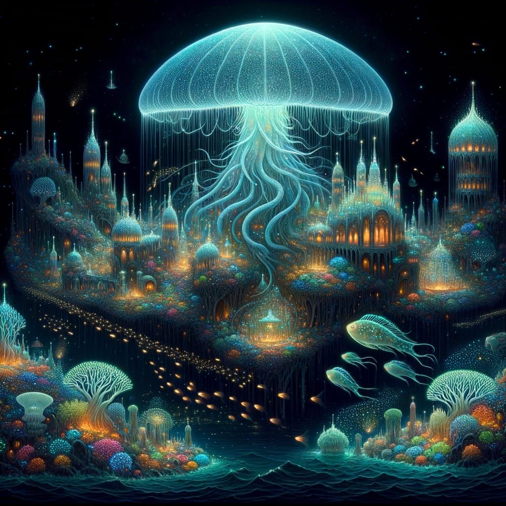 Bioluminescent Jellyfish Kingdom with Merfolk