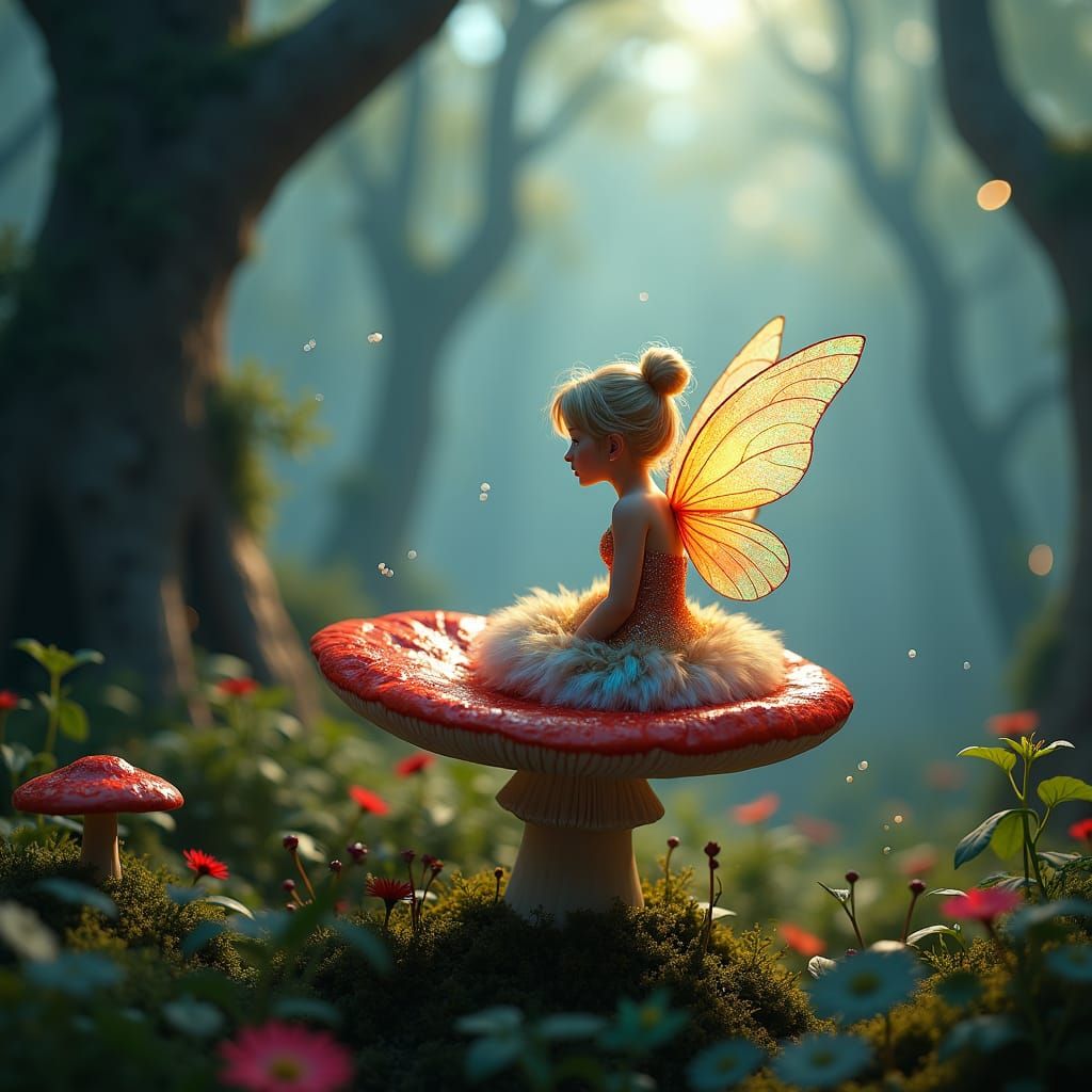 Enchanting Fairy on Mushroom in Dreamlike Forest