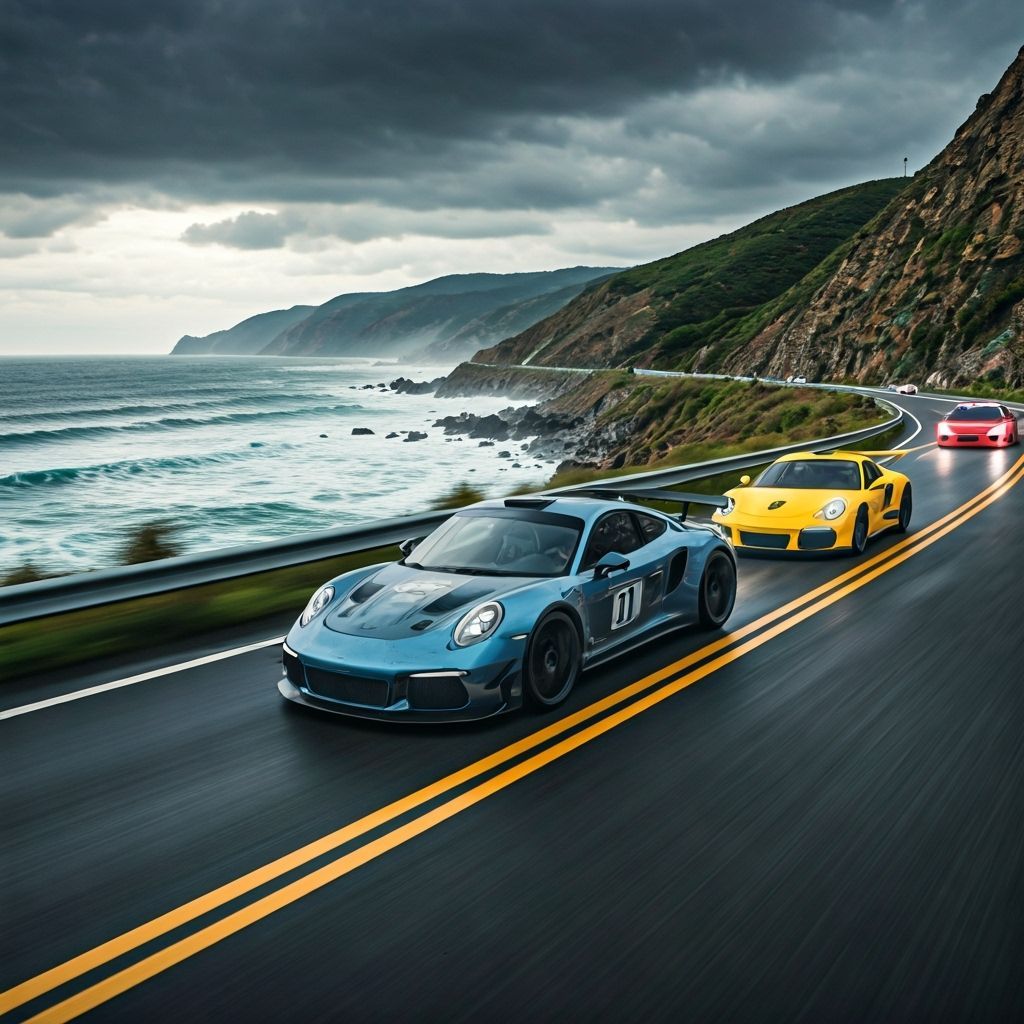 Cars Race Cliffside Road During Storm