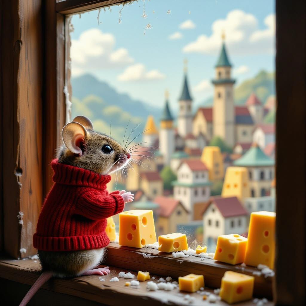 Mouse Peering at Whimsical Cheese Cityscape
