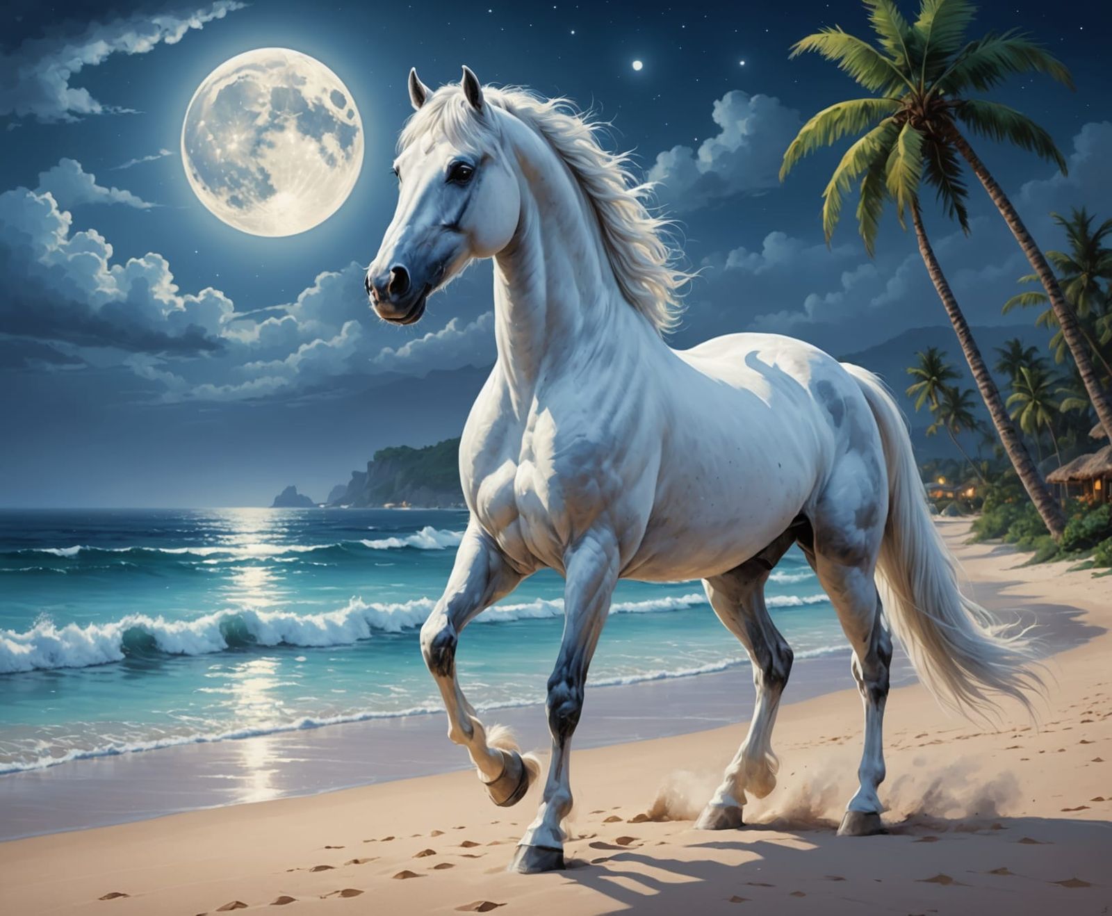 White Arabian Stallion on Tropical Beach in Moonlight