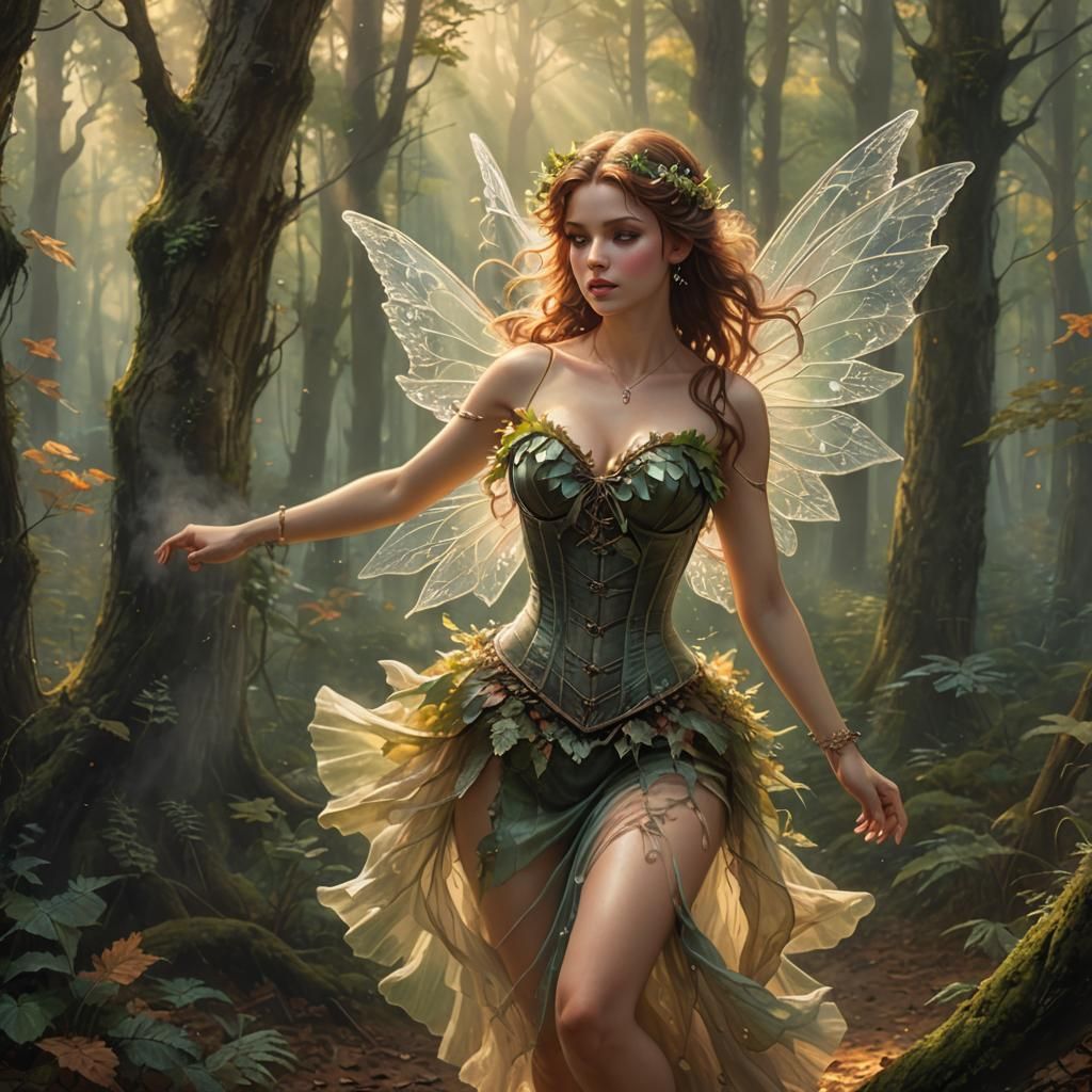 Woodland Fairy Running Through Forest in Fantasy Art