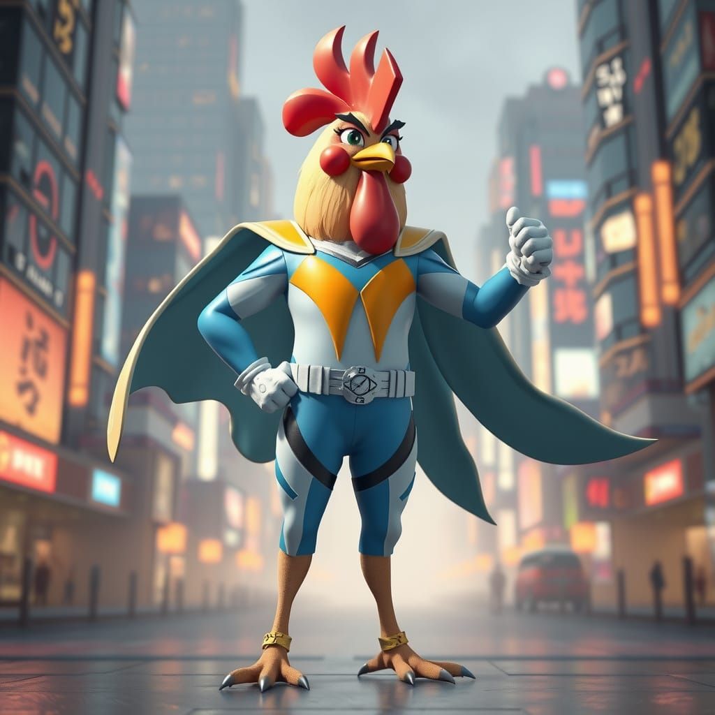 Chicken Superhero in Futuristic Cityscape: 3D Anime Art