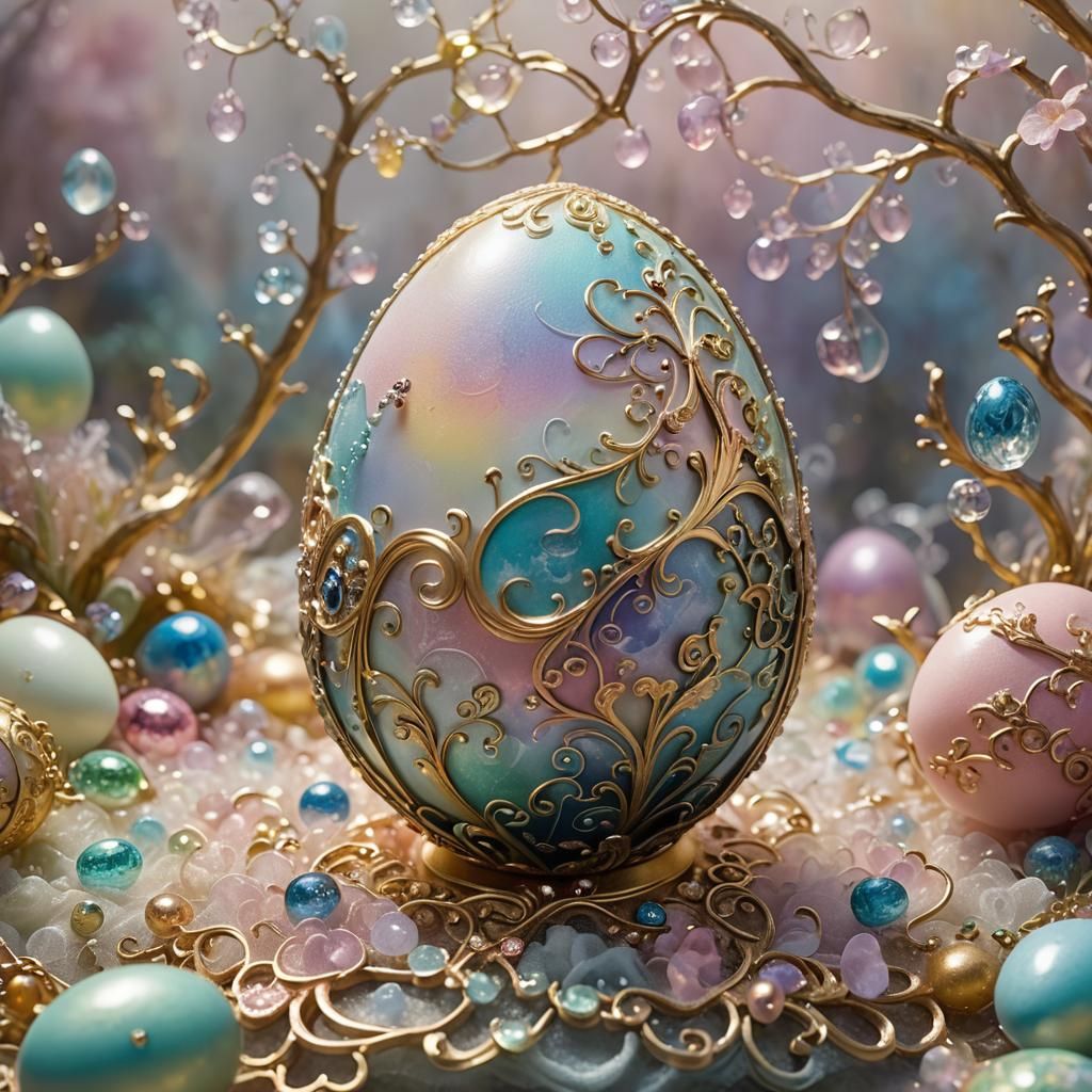 Enameled Egg Emitting Mist in Dreamlike Surrealism