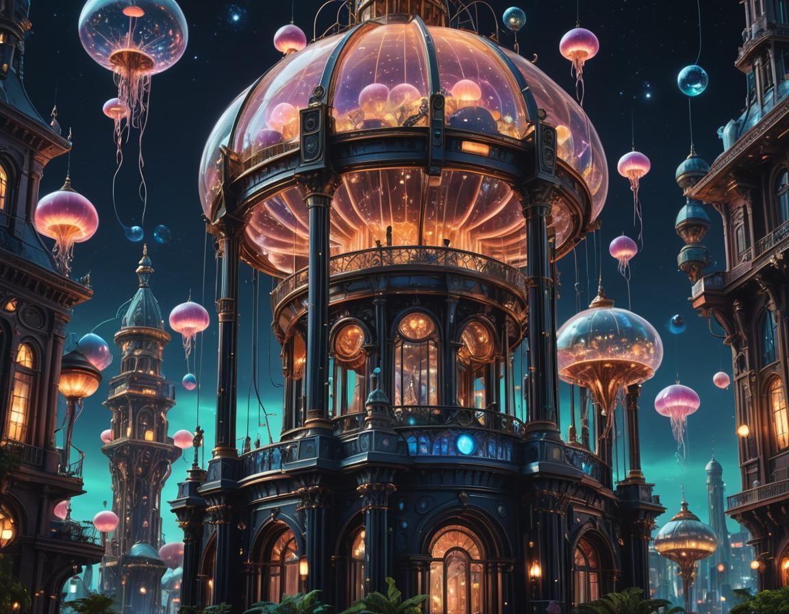 Steampunk Palace with Floating Orbs in Cyberpunk Style