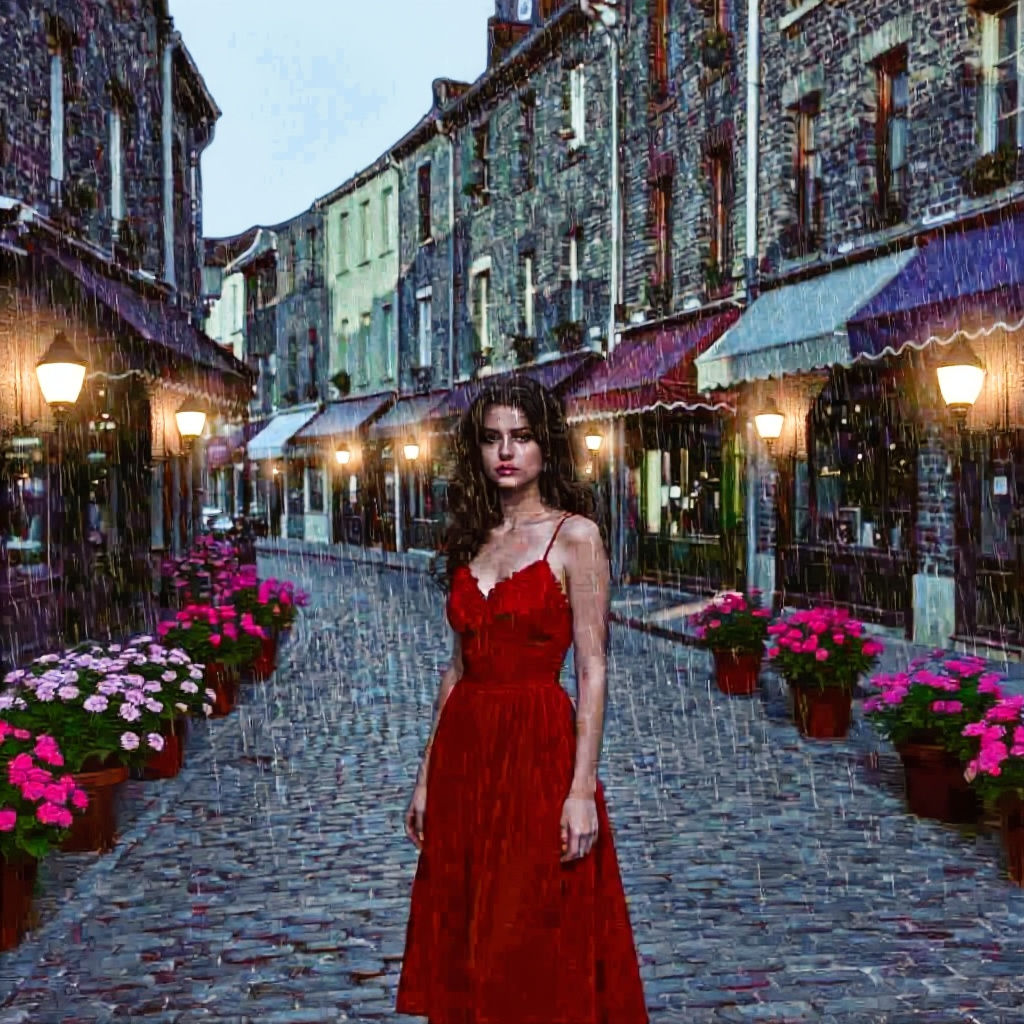 Girl in Red Dress on Brick Street with Colorful Awnings