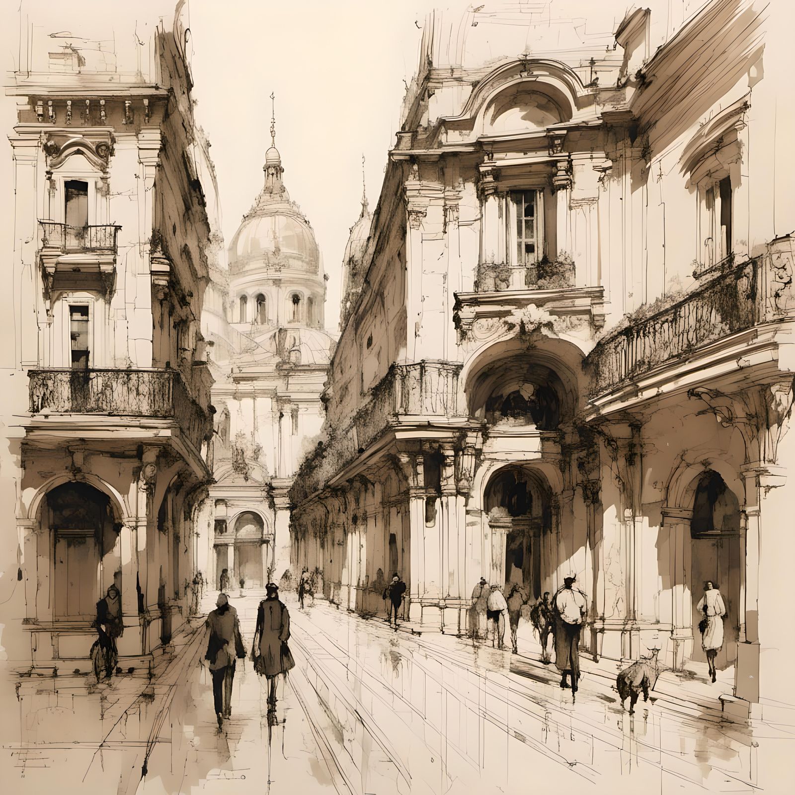 Detailed Architectural Sketch of French City in Gouache