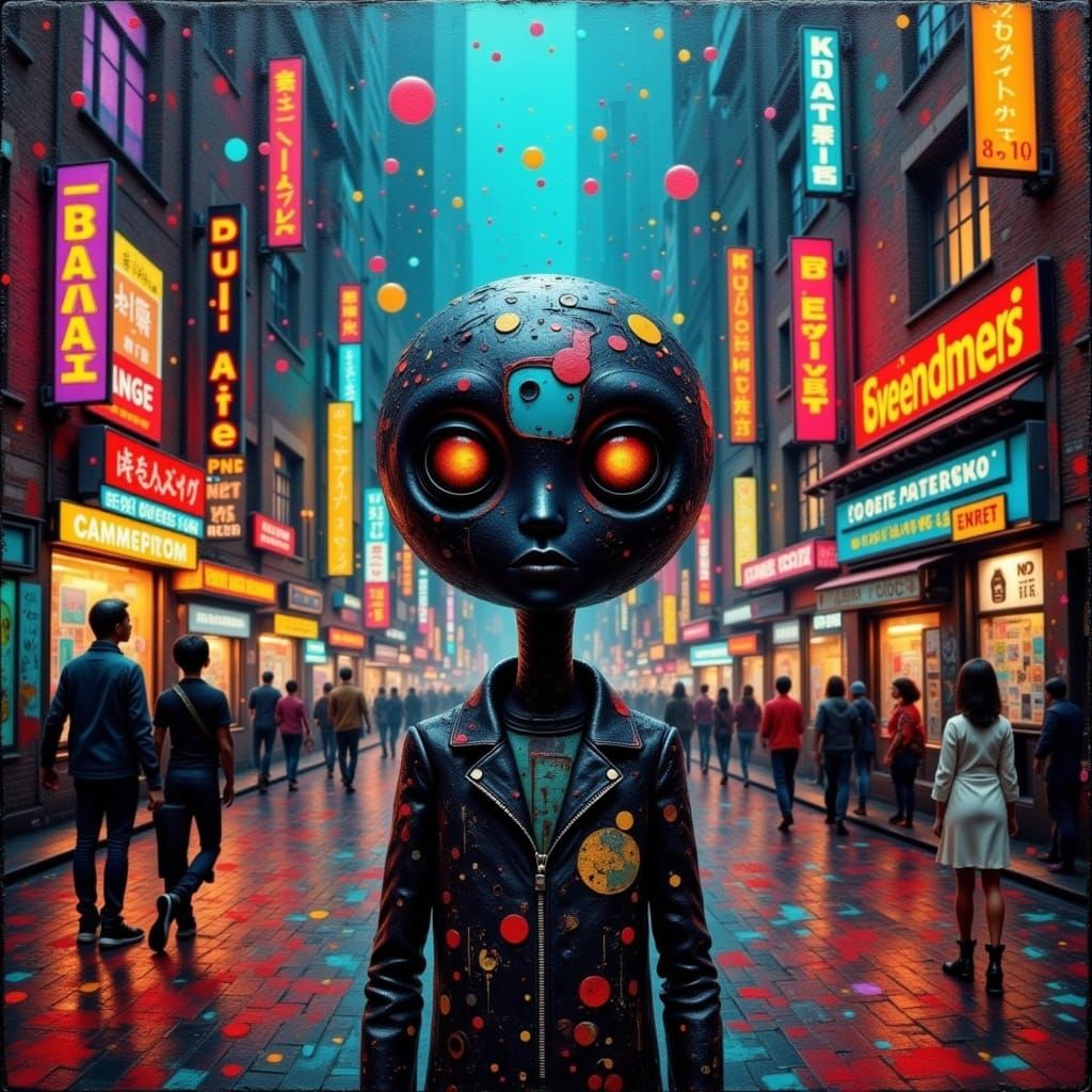 Cyberpunk Chibi Robot in Neon Cityscape