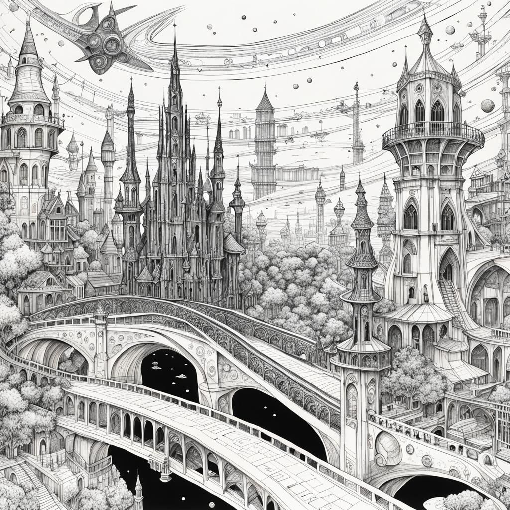 Fantastical Cityscape in Detailed Black and White Ink