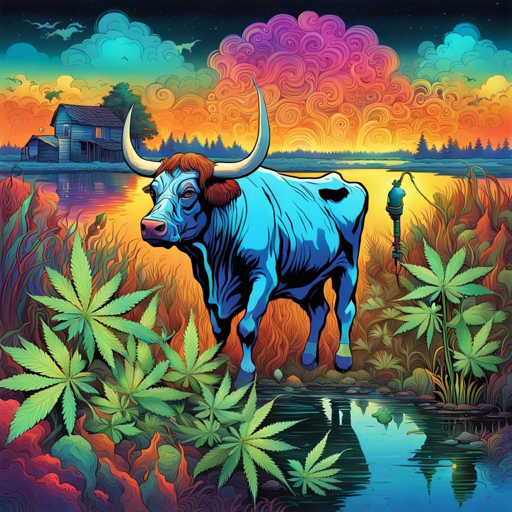 Psychedelic Minotaur Harvesting Cannabis in a Marsh