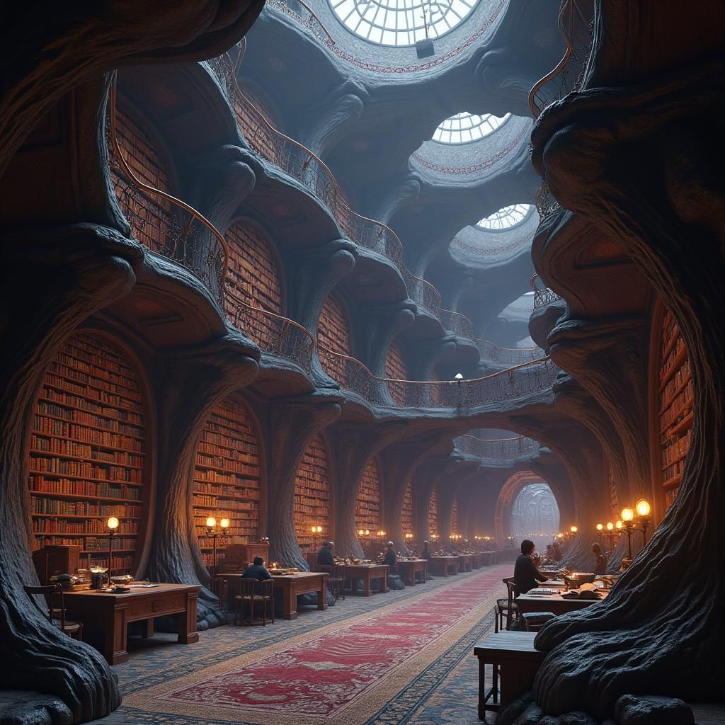 Mystical Ancient Library in Art Nouveau Style