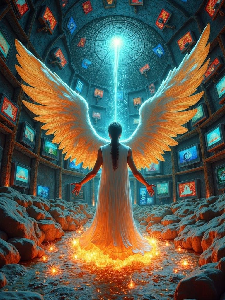 Ethereal Visionary with Luminescent Aura and Wings Amidst a...