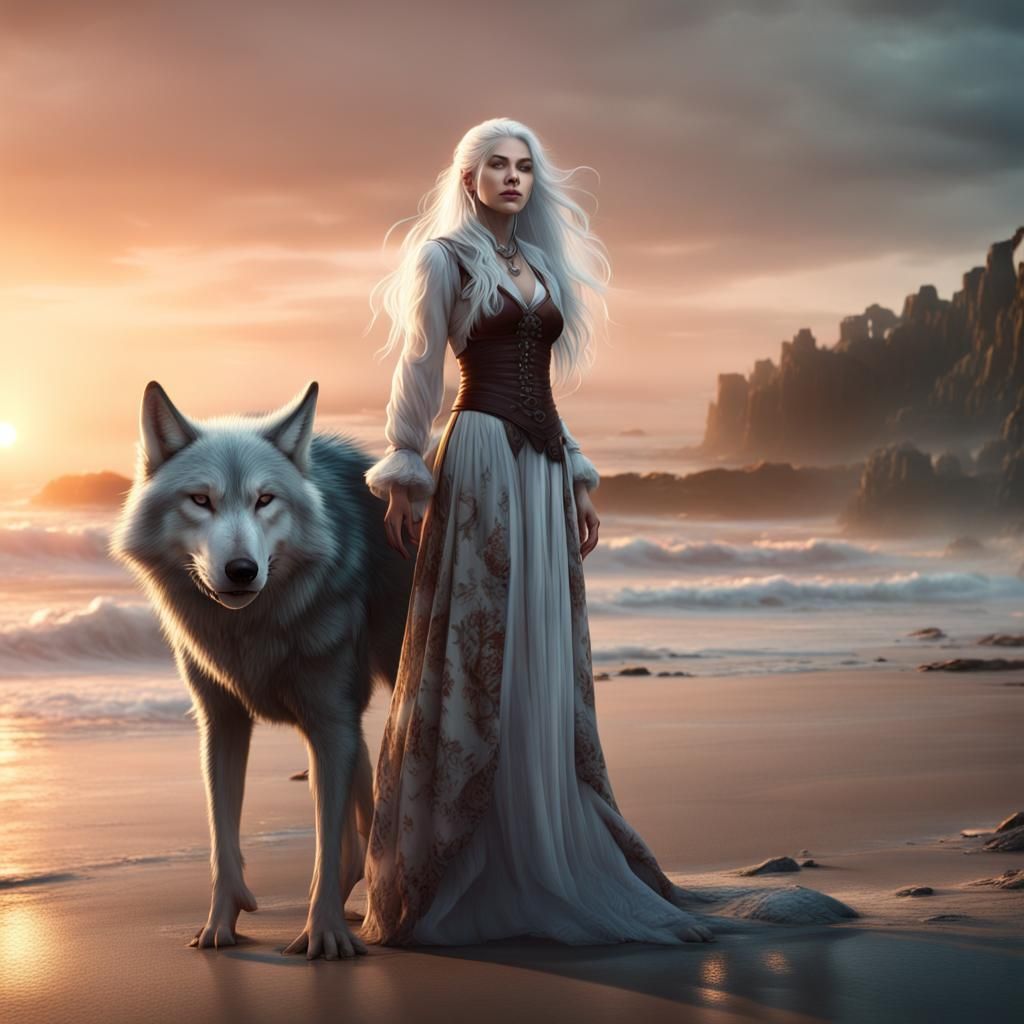 Woman and Wolf on Beach at Sunrise