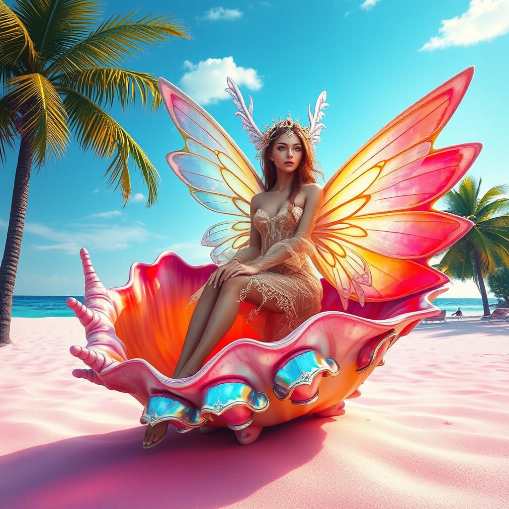 Vibrant Fairy Reigns in Conch Seashell on Pink Beach