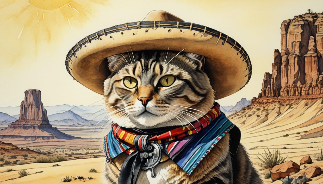 Cat Bandito Points Revolver in Watercolor Desert