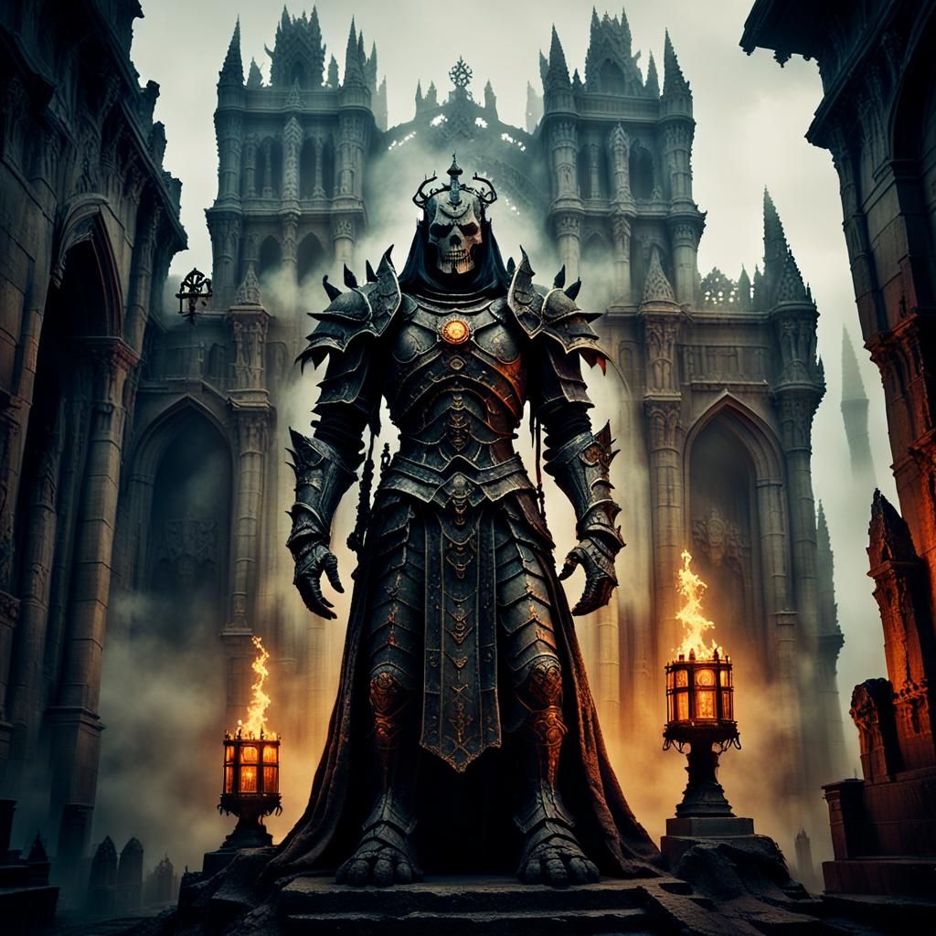 Ethereal Armored Figures Atop Gothic Ruins