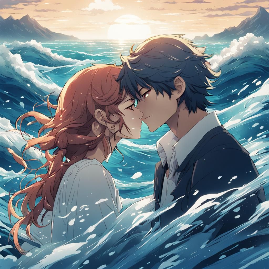 Romantic Kiss in Ocean Waves: Anime Style